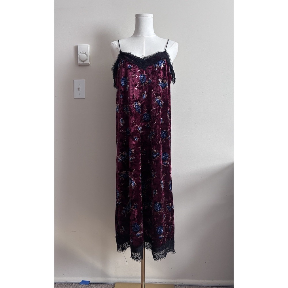 Anthropologie Burgundy Floral Velvet Midi Slip Dress with Black Lace Trim